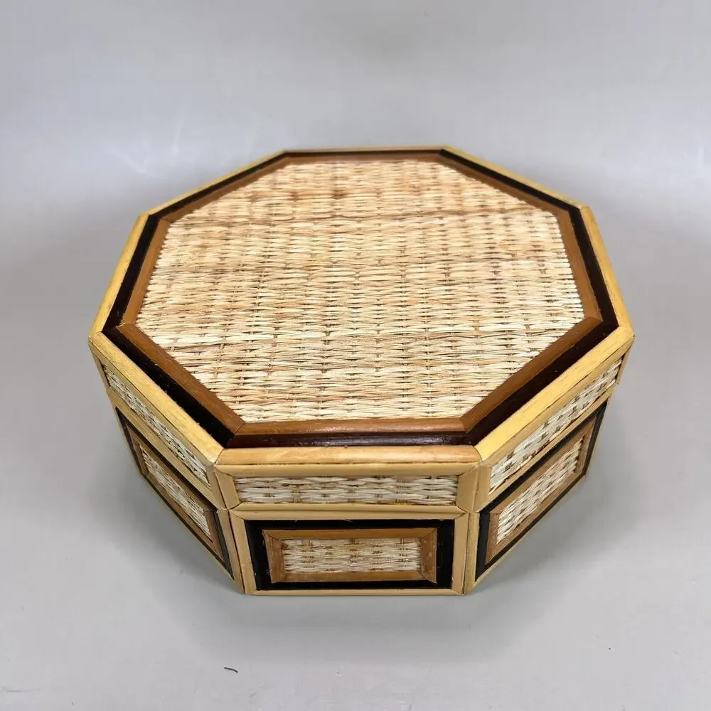 Vintage Bamboo Wicker Hexagon 3 Nesting Jewelry Trinket Boxes- EUC